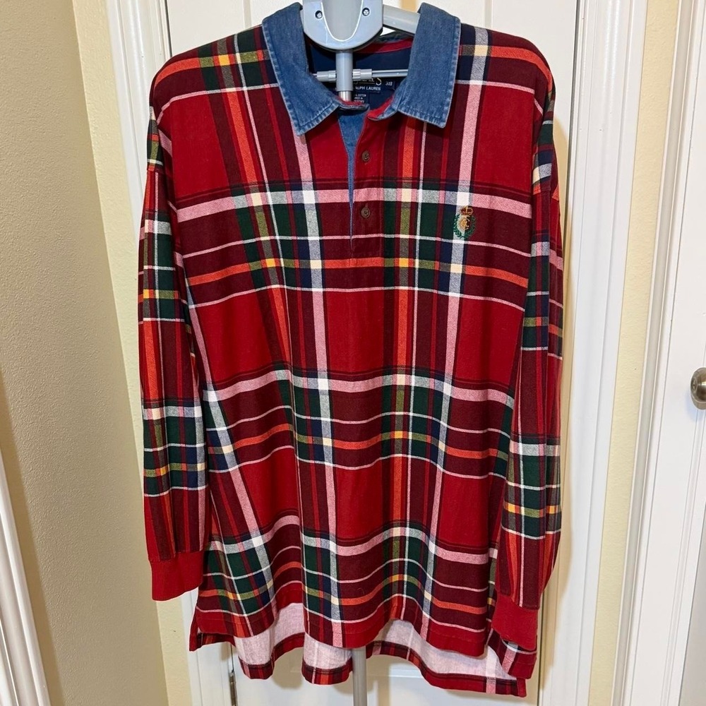 Chaps Ralph Lauren 3XB cotton plaid Rugby Shirt polo w/ denim chambray collar